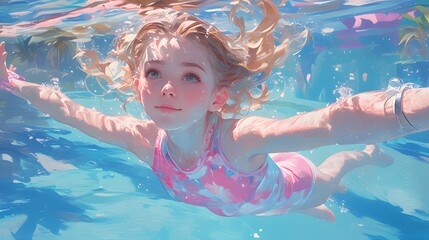 Wall Mural - swimming in the pool, woman with long wavy red hair wearing a pink and blue pastel neon suit floating underwater, which in Generate AI