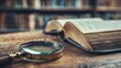 © Ailee Tian - A closeup magnifying glass on the opened book on the desk.