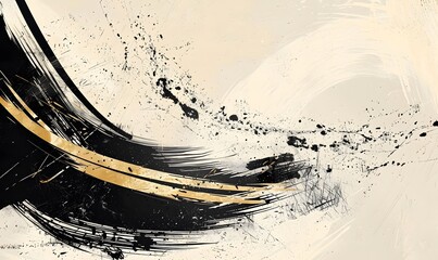 Modern abstract painting with dynamic black and gold brush strokes on a beige background, Generative AI