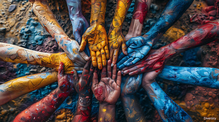 Wall Mural - Street art depicting diverse group of people holding hands around the world with the phrase Unity in Diversity in vibrant colors promoting inclusivity and acceptance of all backgrounds