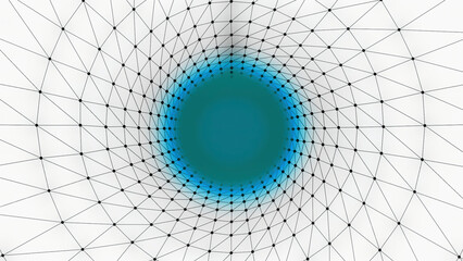 Poster - Moving tunnel with grid and colored cloud. Design. 3D tunnel with grid and dots on white background with bright spot. Colored spot in middle of moving tunnel made of mesh