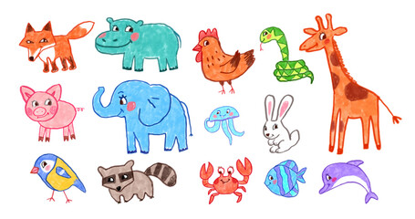 Wall Mural - Felt pen vector colorful illustration collection of cute animals