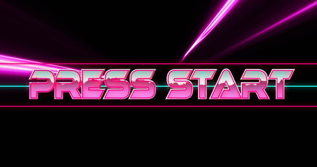 Poster - Image of press start text over neon light trails on black background