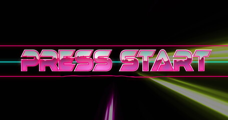 Poster - Image of press start text over neon light trails on black background