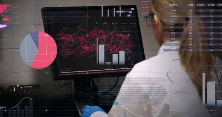Poster - The rear view of a doctor looking at a dna molecule on a computer in a hospital is shown