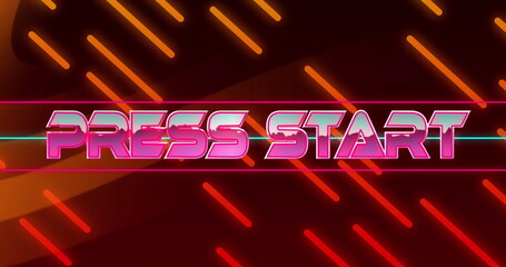 Poster - Image of press start text banner over orange digital waves and lines in seamless pattern