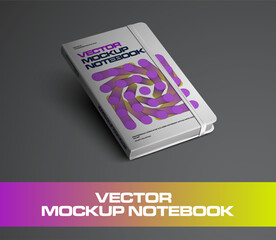 Poster - Vector notebook template with elastic band, abstract design on hard cover, diagonal presentation with raised edge.