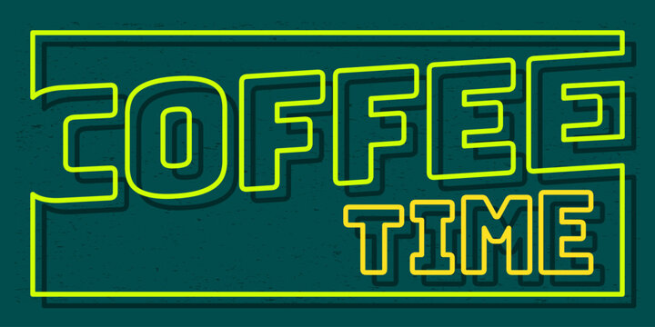 Coffee sign in neon effect style for cafe direction flat design in green and yellow color. Vector typography illustration. Suitable for banner background.