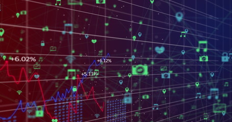 Poster - Image of multiple graphs with changing numbers over connected icons over black background
