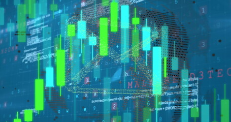 Image of envelope icons, globe and graph over binary codes and computer language