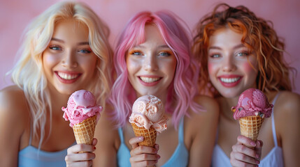 Wall Mural - Close up portrait young women enjoying ice cream, each with different flavored cones, cute and funny