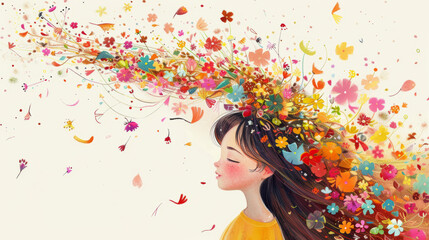 Girl with long hair made of colorful flowers illustration