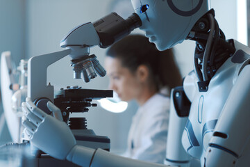 Wall Mural - ai robot examining samples under a microscope