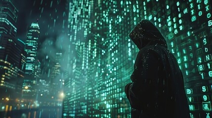 Wall Mural - A man in a hoodie stands in front of a building with a green background