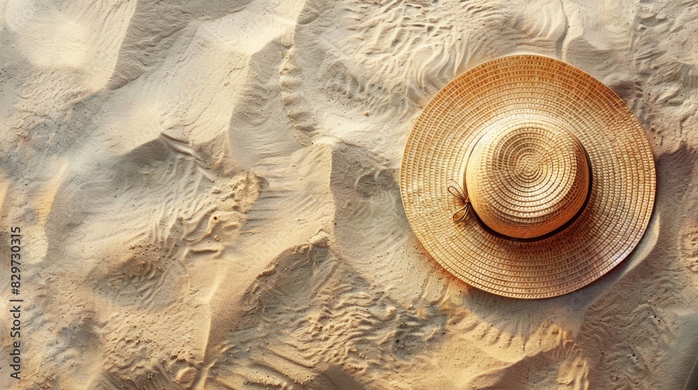 Summer vibes with a straw hat on golden sand creating a peaceful beach ...
