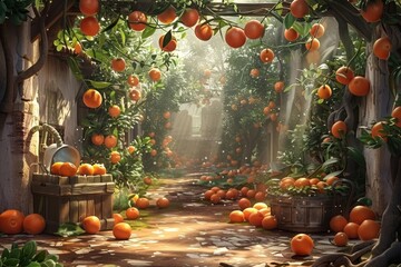 Wall Mural - Golden sunlight on lush citrus orchard  ripe oranges in rustic crate, sun kissed pebbled skins