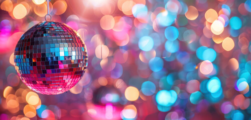 reflective disco ball in party setting with colorful bokeh, copy space for  text 