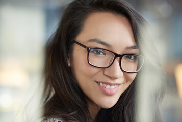 Poster - Happy woman, portrait and glasses with creative ambition for business, design or positive mindset at office. Face of female person, nerd or geek with smile for talent, skill or profession in startup