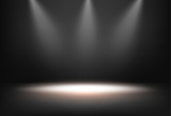 Poster - Stage or podium with spotlights and illumination. Vector isolated realistic scene with dim lights and smoke. Presentation or display of products, advertisements or event performance ceremony