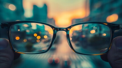 Wall Mural - A pair of glasses are held up to the viewer's face, with city lights reflecting in their lenses and a blurred background showing skyscrapers and streets at sunset. generative AI