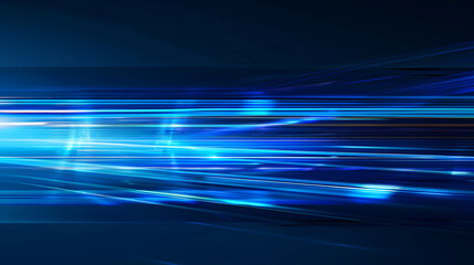 Poster - Digital image of light rays, stripes lines with blue light, speed and motion blur over dark blue background. Generative AI.