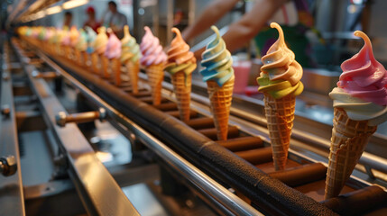 Conveyor belt carrying assorted ice cream cones, highlighted by contemporary industrial lighting