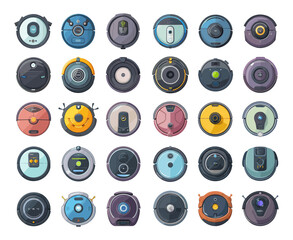 Poster - Cartoon Different Robot Vacuum Cleaners Top View Icons Set. Very Simple Vector Cartoon Style White Background. Home Appliances Cleaning Equipment Technology Illustration