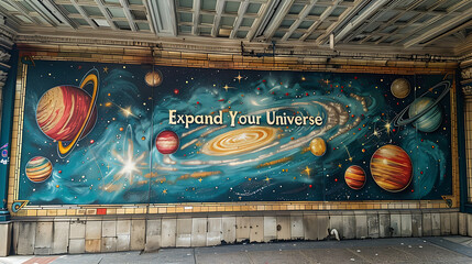 Wall Mural - Urban mural depicting cosmic galaxy with swirling stars and planets accompanied by the phrase Expand Your Universe in vibrant colors inspiring exploration and curiosity