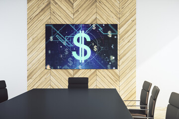 Poster - Creative USD symbols hologram on presentation tv screen in a modern meeting room. Banking and investing concept. 3D Rendering
