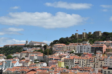 Poster - Aerial view of buildings and landmarks in Lisbon Portugal with incredible architecture and a blue sky background. 