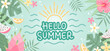 © Biscotto Design - Hello Summer lettering, background with flowers and leaves. Hand drawn vector illustration