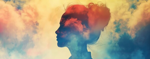 Wall Mural - Double exposure image of a woman's silhouette with colorful clouds, creating a surreal and dreamlike effect.