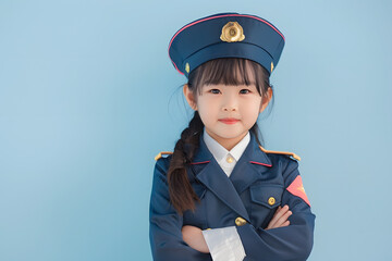 Asian child girl posing in pilot uniform costume on pastel background.