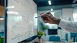 © Plaifah - A hand holding a marker, drawing a line graph on a whiteboard in a modern office.