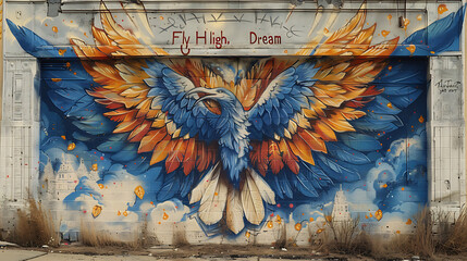Wall Mural - Urban mural featuring pair of wings with the words Fly High Dream Big in dynamic typography symbolizing freedom and aspiration