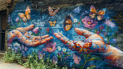 Wall Mural - Urban mural featuring pair of hands releasing butterflies into the air with the words Set Your Spirit Free in dynamic typography symbolizing transformation and liberation