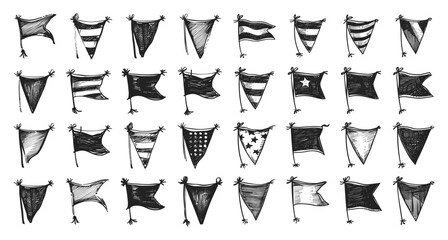 Wall Mural - doodle style retro pennant flags icon set. retro, pennant, flag, vintage, banner, hand drawn, sketch