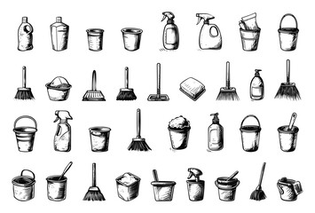Doodle Style Tools and Buckets for Wet Cleaning Icon Set. Cleaning, Wet, Clean, Tool, Bucket, Mop, Broom, Sponge, Brush, Scrub, Wash, Housekeeping, Household, Hygiene, Hand Drawn, Sketch, Drawing