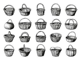 Wall Mural - doodle style wicker baskets icon set. basket, wicker, weave, handmade, storage, container, handicraf