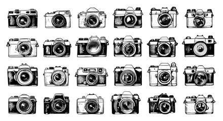 Wall Mural - Doodle Vintage Photo Cameras Icons Set. Hand Drawn Simple Style Black Icons on White Background. Retro Old Photography Equipment Technology Illustration