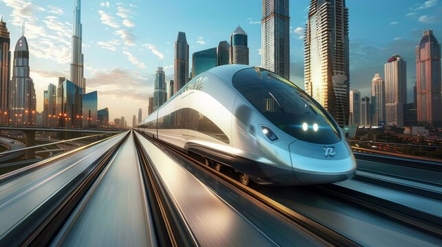 a high-speed train zipping past iconic landmarks and skyscrapers in a bustling metropolis, illustrat