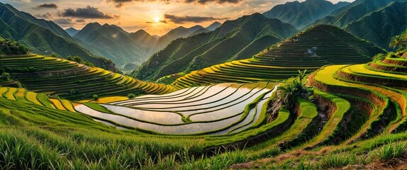 Wall Mural - panorama view of rice terrace fields, north vietnam in sunset