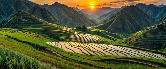 Wall Mural - panorama view of rice terrace fields, north vietnam in sunset