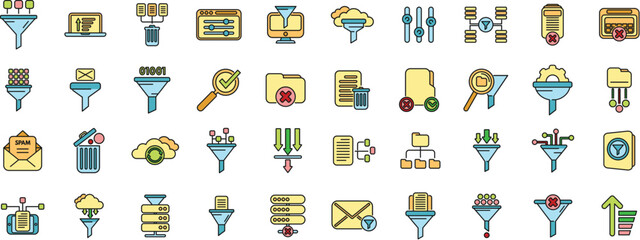 Poster - Content filter icons set outline vector. Internet funnel. Computer smart thin line color flat on white