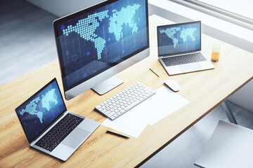 Poster - Abstract graphic world map on modern laptop screen, connection and communication concept. 3D Rendering