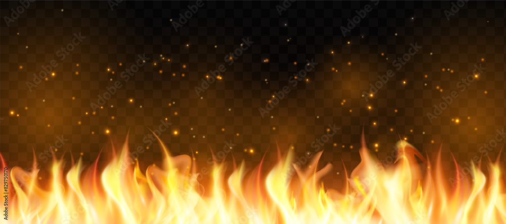 Translucent fire flames and sparks with horizontal repetition on ...