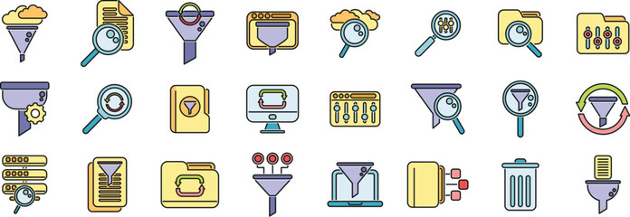 Poster - Filter search icons set outline vector. Filter interface. Digital education thin line color flat on white