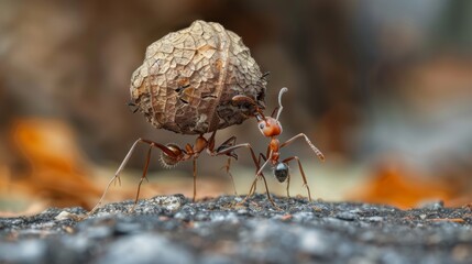 Poster - A macro shot of an ant carrying a heavy load, showcasing the impressive strength and determination of these insects.
