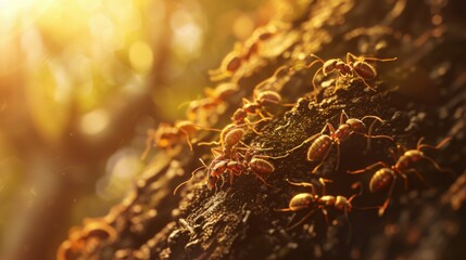 Poster - A macro shot of ants crawling on a tree branch, highlighting their intricate anatomy and unique patterns.