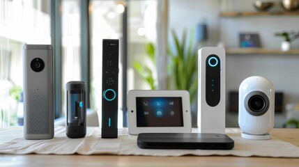 A table with a variety of smart home devices, including a camera, a tablet